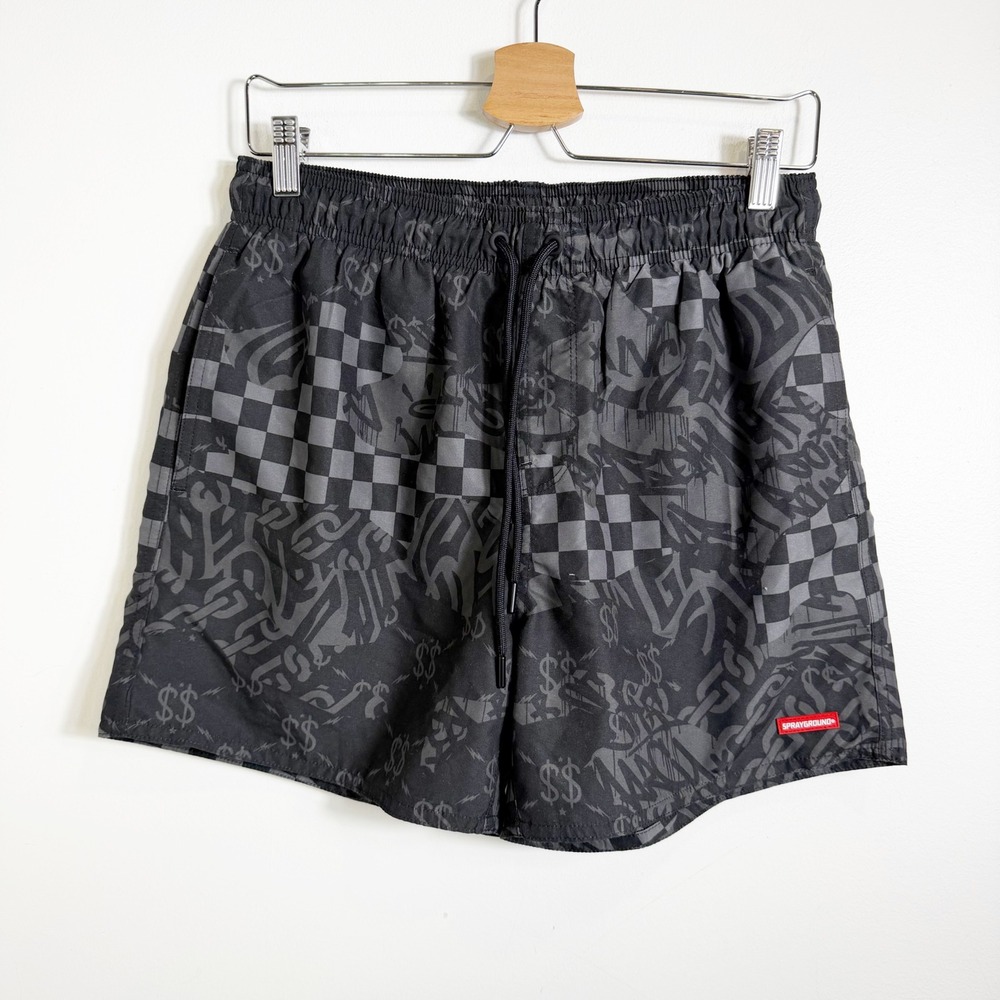Sprayground Swim Shorts Mens Small Black Gray Checkered Graffiti Limited Edition